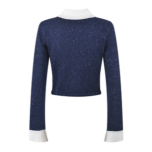 2025 mùa thu mùa đông thanh lịch phụ nữ rắn len hai mảnh thiết lập nút tương phản màu xanh hải quân dệt kim cardigans Áo + ngắn A-line - Product Image 3