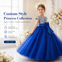 Robe de princesse moelleuse pour filles, robe en maille à nœud à la taille et paillettes pour mariages et concours de beauté, col rond, décoration en dentelle de mousseline