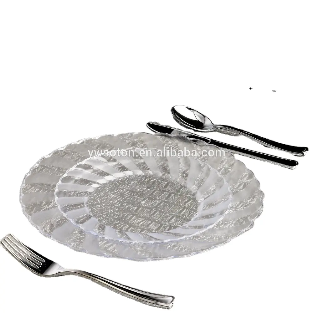 Clear Plastic Diner Platen Salade Dessert Platen Zilveren Bestek En Cups Voor Party Wieden