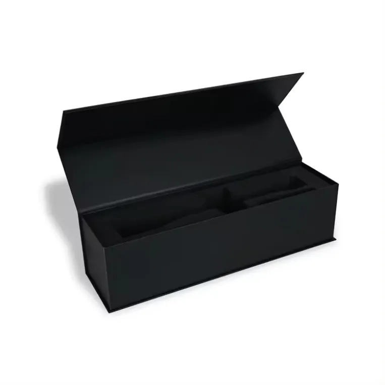 Caja de regalo magnética abatible de cartón negro de lujo personalizada de fábrica, embalaje rígido con inserto con grabado y estampado