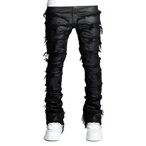 גברים באיכות גבוהה מותאם אישית תיקון פרינג' ג'ינס מוערמים אופנה רוק גברים דק אופנה אובסידיאן שחור שעווה מכנסי ג'ינס מוערמים