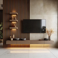 Meuble TV mural moderne en marbre et lattes de bois, console multimédia flottante de luxe contemporaine avec éclairage LED et étagères ouvertes