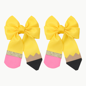 CN nuevo diseño personalizado accesorios para el cabello volver a la escuela hermosa cinta amarilla lápiz escuela lazos para el cabello Clips para niñas - Product Image 1