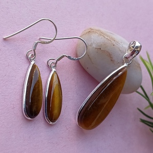 Tiger Eye Top Quality Gemstone Pear Shape Cut Stone <b>Solid</b> <b>Silver</b> Earring With Pendant Gemstone For Women Bulk Suppliers - Product Image 4