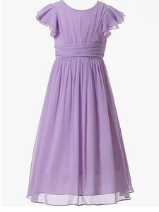 فستان وصيفة العروس الصغيرة بأكمام قصيرة مزينة بالجواهر، فستان حفلات طويل من الشيفون، فستان طويل لفتاة الزهور - Product Image 2