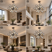 Lustre moderne de luxe avec globes en verre fumé en forme de goutte, bras rayonnants, moyeu en métal noir, sculpture lumineuse LED chaude, design élégant