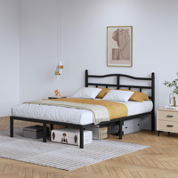 Cadre de lit en métal moderne, taille Queen, robuste, avec tête de lit, noir, sommier à lattes en acier, sans sommier à ressorts, pour chambre à coucher