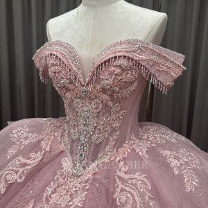 Vestido de Quinceañera de Princesa, Largo hasta el Suelo, con Cola de Capilla, de Gasa Rosa, con Apliques de Encaje y Cuentas, para Fiesta de Noche Formal - Product Image 3