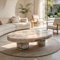 Table basse ovale de luxe en onyx rose avec base à double cylindre, table à thé en marbre poli à la main pour villa, salon, maison