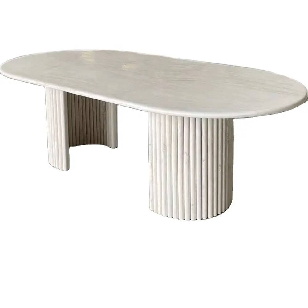 Mesa de comedor ovalada estriada con piedra de mármol travertino Beige Natural personalizada de hormigón