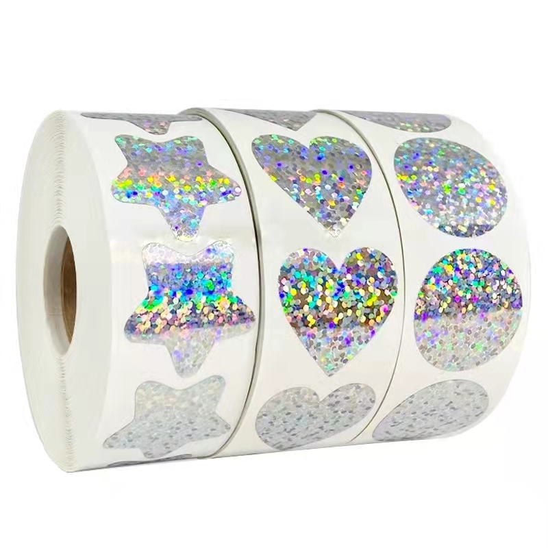 Custom Die-cut Glitter Holographic Waterproof Rainbow Laser Heart Star Circle Adhesive Paper Labels For Business Packaging