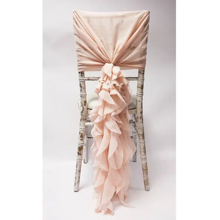 Vertical Curly Blush Pink Ruffle Hoods Chiffon Chair Sash for Wedding Chair