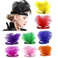 Serre-tête élastique de performance style ethnique indien en plumes d'autruche avec sequins et strass, idéal pour les fêtes - Vente en gros