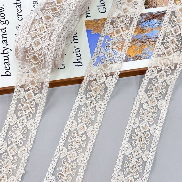 Xqd 6.5cm Wide Apricot Cotton Thread Embroidery square Lace Trim Luxury Traditional Clothing Home Textile Diy Accessories