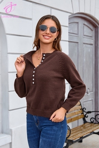 Suéter de Mujer Loveda al por Mayor, Personalizado con Logotipo Bordado, Color Sólido, Holgado, Manga Larga, Cuello en V, con Botones - Product Image 4