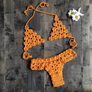 Beachwear लटकन ठोस रंग के साथ कवर अप महिलाओं के बिकनी ब्राजील Swimwear के crochet बिकनी हस्तनिर्मित