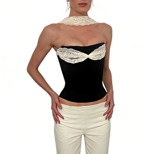 Women's Lace Halter Neck Crop <b>Top</b> Shirt Contrast Lace Trim Tube <b>Top</b> With Bow Detail Fashion - Product Image 3