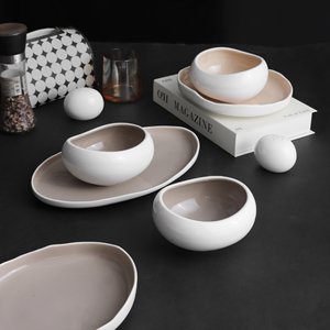 Juego <span class=keywords><strong>de</strong></span> Vajilla <span class=keywords><strong>de</strong></span> Cerámica Beige Blanca Ecológica para el Hogar, Apta para Lavavajillas y Microondas, Vajilla <span class=keywords><strong>de</strong></span> Porcelana, Platos Ovalados, Tazas - Product Image 2
