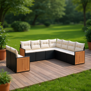 Conjunto de Sofás Modulares de Ratán PE Negro para Jardín, Elegante Colección de Muebles de Exterior con Más de 10 Asientos, Diseño con Paneles de Madera de Teca - Product Image 2