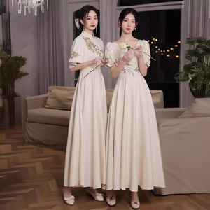 Chinese Style Bridesmaid Dresses Champagne Color A-Line Vintage Embroidered Long Dress For Wedding Party Graduation - Product Image 3