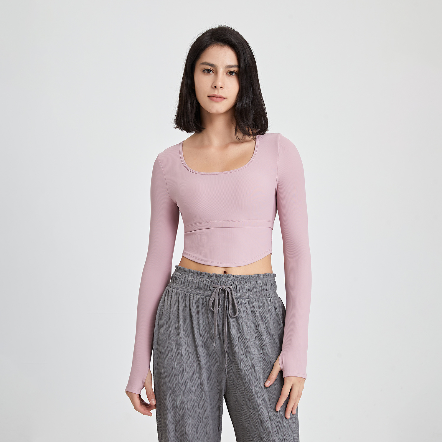 Solid Color Ribbed Nude Yoga Clothes Long Sleeves With Chest Pads Fitness Tops T-shirts Training Long Sleeves