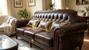 Sofá Chesterfield clásico de 3 plazas con marco de madera tallada, tapizado en cuero con botones y remaches, para sala de estar, mueble para el hogar. - Product Image 2