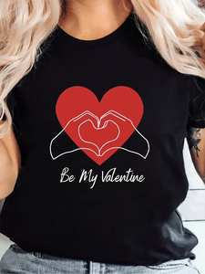 T-shirt da donna per San Valentino, manica corta, girocollo, stampa con cuore, Be My Valentine, top casual primaverile, lavabile in lavatrice - Product Image 3
