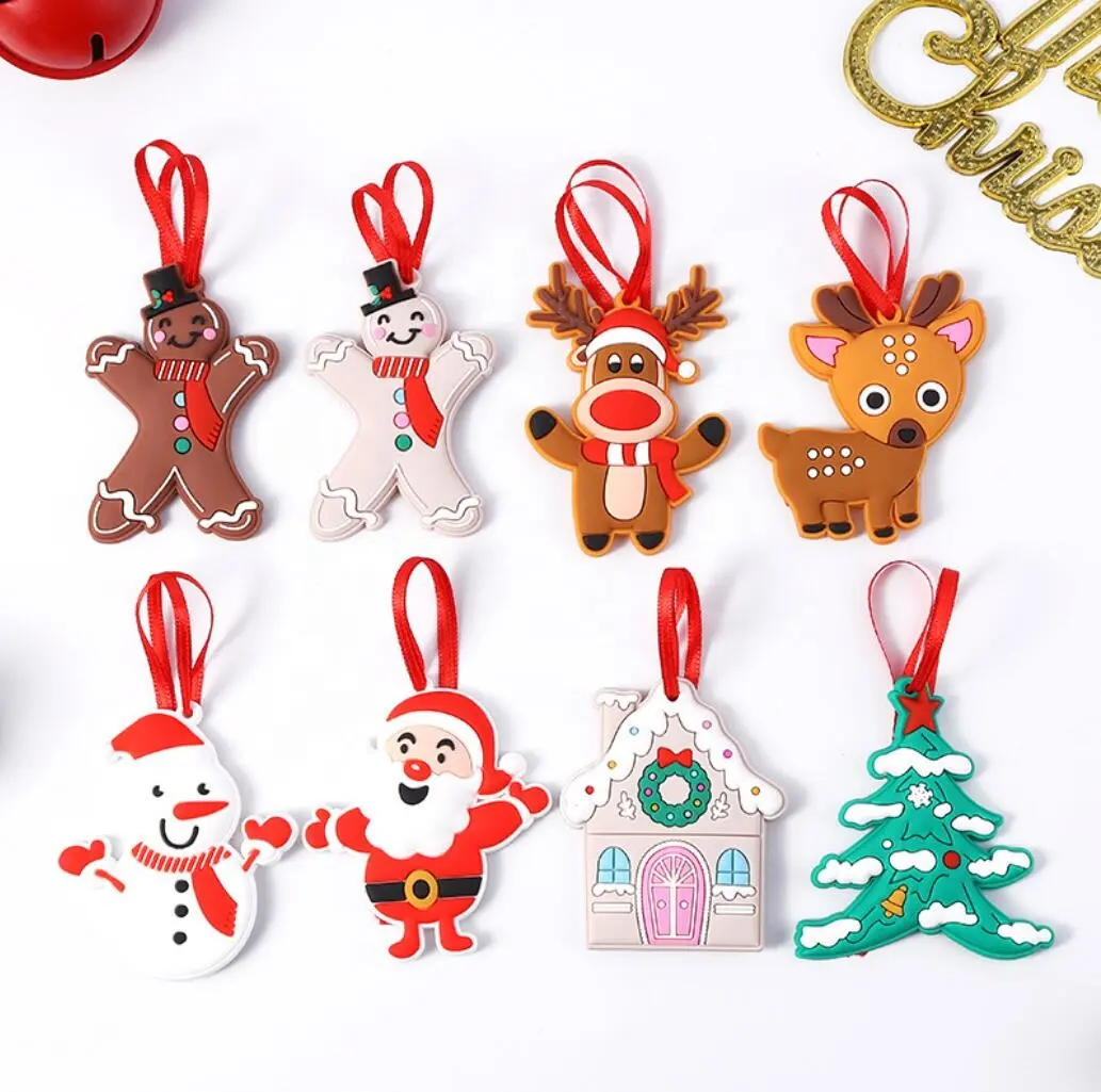 Free Shipping 8pcs/lot Santa elk Snowman Christmas Tree Pendant PVC pendant creative Christmas decoration accessories