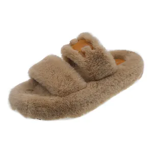 Women's Fashion Soft Indoor Home Fluffy Fuzzy Sheep Skin Slippers Real Wool Fur Open Toe Fur Slides Slippers