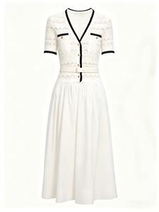 <span class=keywords><strong>Abito</strong></span> Lungo Estivo 2026 da Donna, Nuovo Stile Francese Elegante, Scollo a V, Maniche Corte, <span class=keywords><strong>in</strong></span> <span class=keywords><strong>Maglia</strong></span> Bianca Pura - Product Image 4