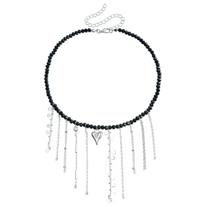 European and American French Fashion Black Crystal Beaded <b>Tassel</b> Chain Unique Niche Design Versatile Heart Necklace - Product Image 5