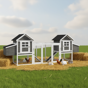 Dual Hen House Rabbit Hutch 124 <b>Wood</b> Chicken Coop With <b>Ramps</b> Nesting Boxes Gray Animal Cage - Product Image 2