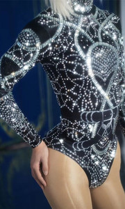Combinaison moulante noire sexy avec strass pour femme, tenue de pole dance, costume de festival, performance scénique, soirée en club - Product Image 3