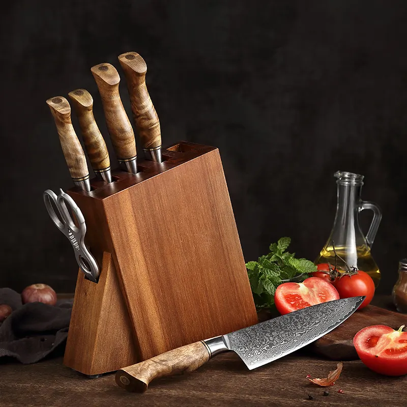 Ciseaux couteaux de cuisine en acier damas, Premium, 67 couches, ciseaux avec jeu de supports en bois d'acacia, 7 pièces