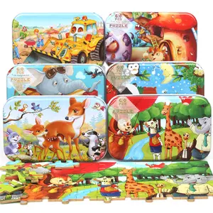 Puzzle en bois pour enfants, boîte en fer, 60 pièces, animaux, dinosaure, Montessori, stimule le cerveau, jouets éducatifs