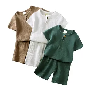 Conyson New Design Summer Solid Plain Outdoor Casual Cotton Linen With Button Wholesale Kids Jogging Short Sleeves Suit