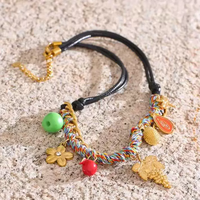 Tendance noir Pu corde bijoux faits à la main tressé fleur breloques raisin et pomme coloré corde tissé fruits pendentif collier