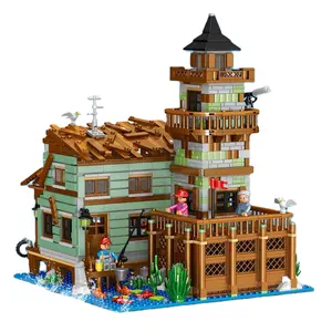 Ide kreatif kabin nelayan Model rumah kayu balok bangunan tampilan jalan toko memancing desa merakit batu bata mainan