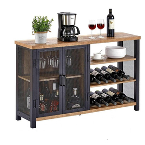 Industrial Bar Cabinet for Liquor and Glasses Rustic Wood and Metal Wine Rack Table