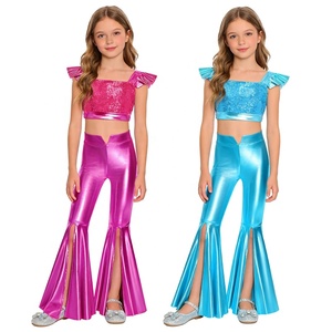 Kids Girls Dance Costumes Wholesalers Dance Performance Outfit Sparkling <b>Sequin</b> Metallic Crop <b>Top</b> With Pant Casual Daily Wear - Product Image 1