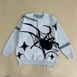 Men Distressed Knit Sweater Crew Neck <b>Pullover</b> <b>Jumper</b> Spider Web Graphic Winter Streetwear Custom Logo - Product Image 1