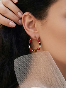 Ethnic Style Natural Stone Beaded <b>Earrings</b>, Maillard Tiger's Eye <b>Earrings</b> Stainless Steel Fashion Light Luxury <b>Stud</b> <b>Earrings</b> - Product Image 6