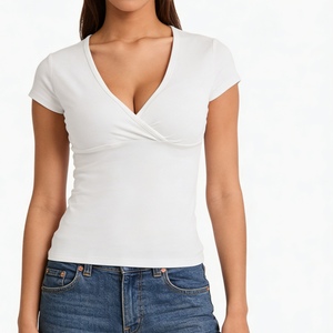 เสื้อคอวีแบบพันด้านหน้าสำหรับผู้หญิง - เสื้อยืดแขนสั้นทรงรัดรูปแฟชั่น - Product Image 2