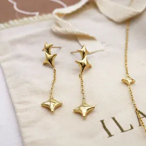 QIFEI Fashion Halskette Ohrringe Set Damen 18 Karat Gold Edelstahl Stern Anhänger Halskette Ohrringe Schmuck