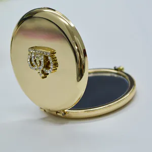 Regalo promocional doble cara diamantes personalizado portátil plegable Metal oro rosa corona cosmético espejo de bolsillo