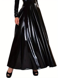 Elegante Abito da Donna <span class=keywords><strong>con</strong></span> Collo Alto <span class=keywords><strong>in</strong></span> Ecopelle, Maniche Lunghe e <span class=keywords><strong>Gonna</strong></span> Maxi <span class=keywords><strong>in</strong></span> PU Lavabile <span class=keywords><strong>con</strong></span> Pieghe - Product Image 5