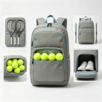 Sac à dos de tennis gris avec garniture bleue, sac de raquette, sac à balles doublé, poche zippée, poche latérale, sac à usage spécial personnalisable