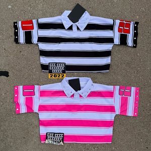 Manufacturer Custom Cropped Tshirts Stripe Rhinestone Embroidery Short Sleeve Street Wear Polo Shirt for Men