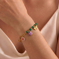 Bracelet en acier inoxydable avec perles de malachite, plaqué or 18 carats, avec fleur et papillon en émail, résistant au ternissement, pour femme, cadeau
