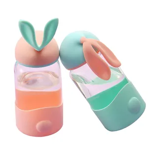 可爱的兔耳300毫升玻璃水瓶，儿童硅胶盖